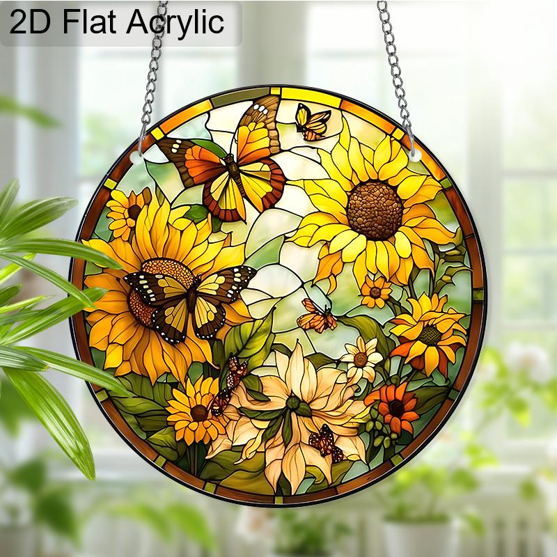 Acrylic Sunflower and Butterflies Suncatcher, Stained Glass Style Window Hanging Ornament for Nature and Garden Lovers