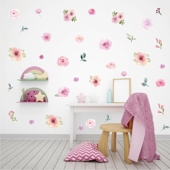 4 Sheets Flowers Wall Decals Watercolor Peony Floral Leaves Wall Stickers Peel And Stick Wall Decor for Girls Bedroom Nursery Classroom Living Room