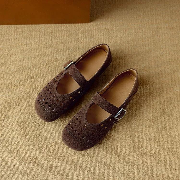 Sheepskin Version~ Korean Version of Round Head Hollow Hole Shoes Flat Bottom One-word Buckle Mary Jane Shoes Women's 2025 Spring and Summer Shoes