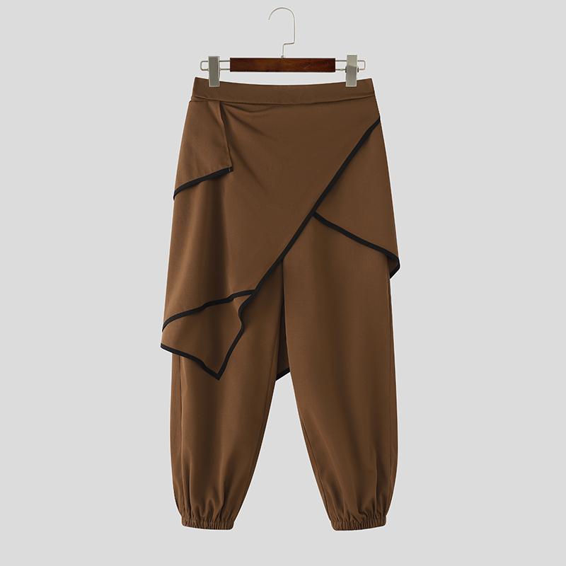 INCERUN Men Back Elastic Waist Ruffled Layers Casual Long Harem Pants Trousers