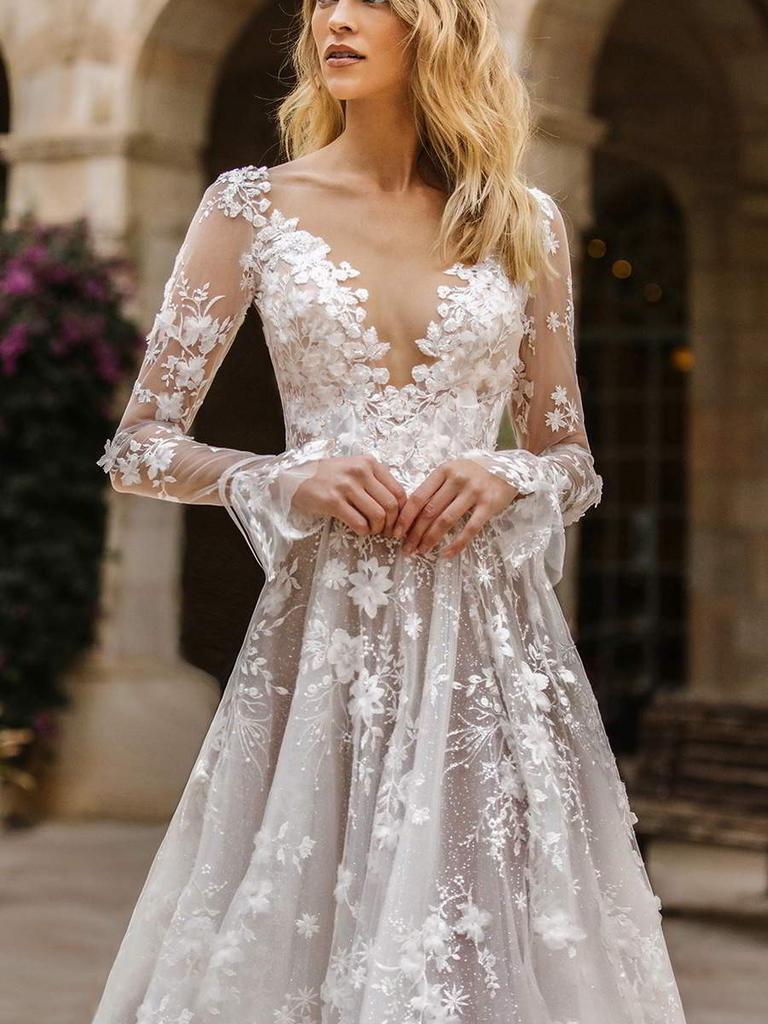 Summer New Wedding Dress Formal Lace Long Sleeve Evening Gown
