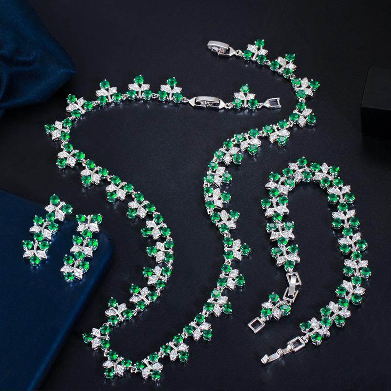 CMM wunderschöne glänzende Zirkonia-Blattform-Halsketten-Ohrringe-Armband-Schmucksets