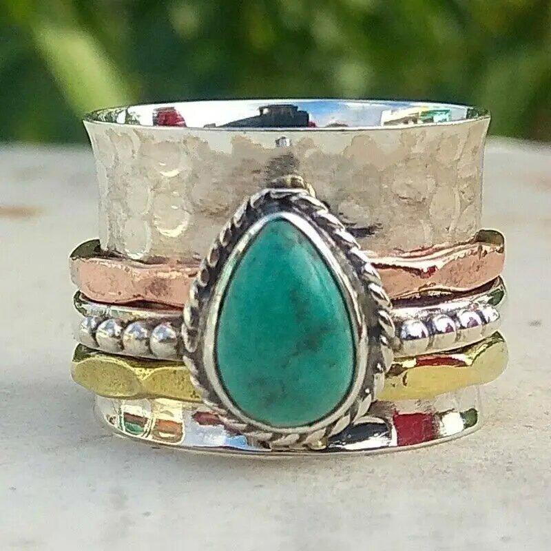 Vintage Imitation Turquoise Ring, Water Drop Three-Color Ring, Domineering Bohemian Ring.