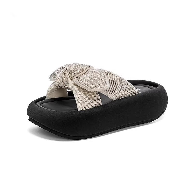 Fashion Fashion Platform Slippers Summer New Round Toe Open Toe Bow Soft Sole Non-slip Wear-resistant Plus Size Flats