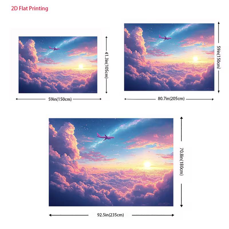 2D Dreamy Room Backdrop, Airplane Flying Over Cotton Candy Clouds At Sunset Background