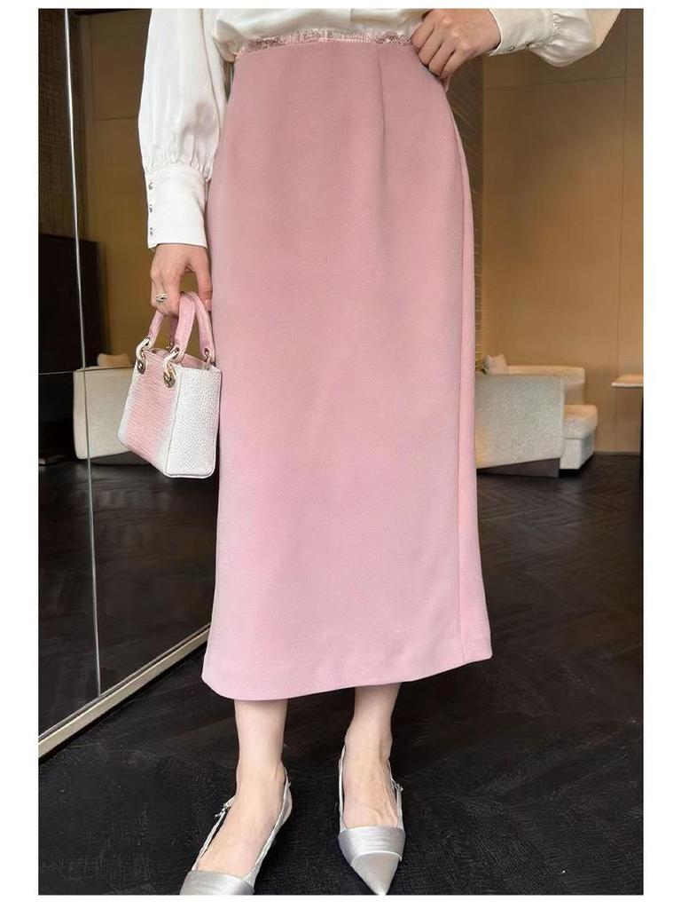 Rongtai Elegant High-Waist Lace Trim Straight Skirt with Back Slit - Women's Fashion 2026
