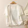 Cotton Short Sleeve T-Shirt Women Summer Hemp Printed Drawstring Loose Casual Round Neck Pullover Tops