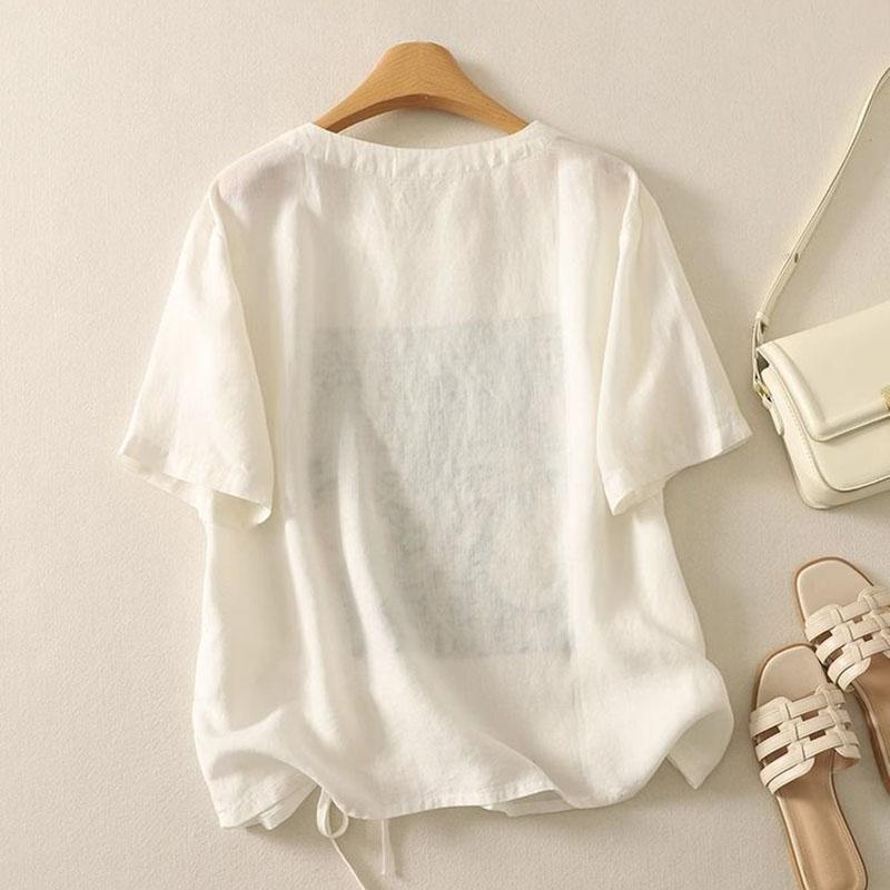 Cotton Short Sleeve T-Shirt Women Summer Hemp Printed Drawstring Loose Casual Round Neck Pullover Tops