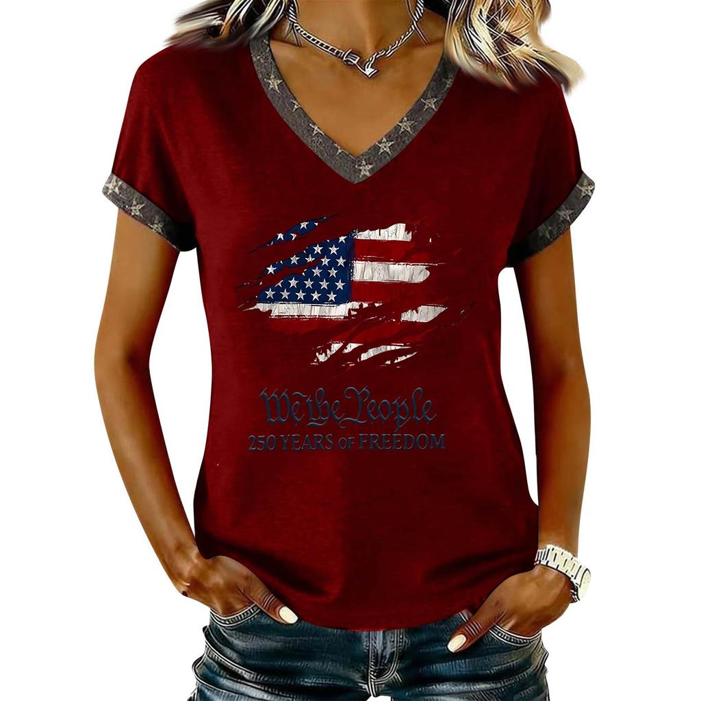 Damen Lässiger V-Ausschnitt Kurzarm Pullover Bedrucktes T-Shirt Top