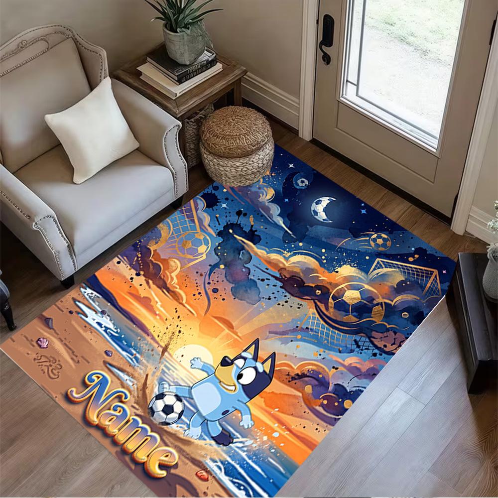 Bluey Soccer Adventure Personalized Text Floor Mat Perfect for Entryway Outdoor Playrooms Dining Room Antislip Carpet Decorate Offices