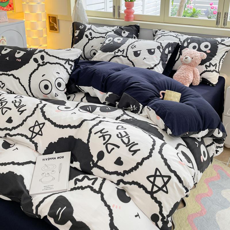 Class A Maternal And Infant Grade Washed Cotton Four-Piece Set Cotton Cartoon Small Fresh Pure Cotton Mattress Quilt Cover 3Pcs Set
