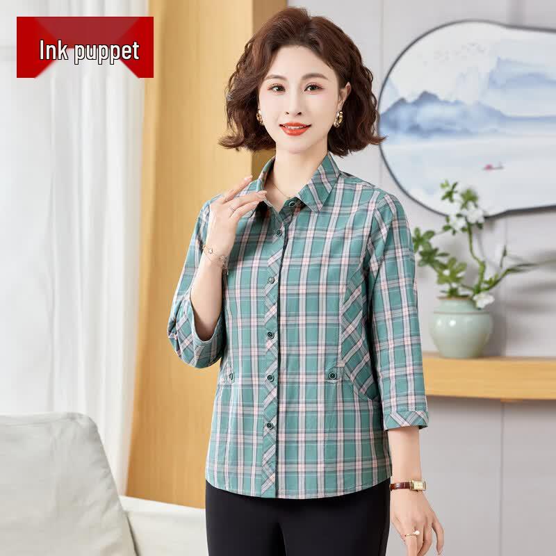 Women s Loose Fit Seven-Sleeve Cotton Plaid Cardigan Shirt L