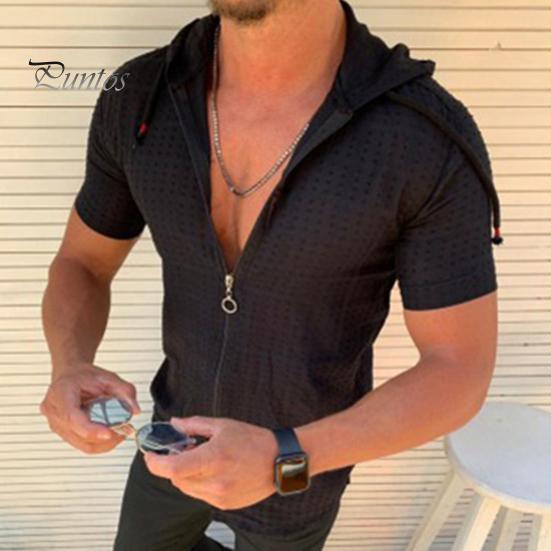 Herren Kapuzen T-Shirt Kurzarm Kariert Zip Up Tee Shirt Lässig Dünn Sommer Top für Sport Freizeit Outdoor Strand