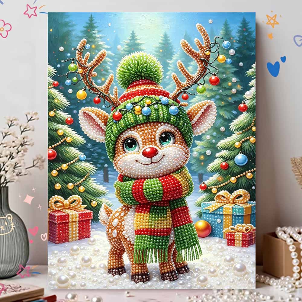 Christmas Reindeer Pearl Bead Painting Kit Cute Deer Winter Scene Frameless Canvas Art Relaxing Night Craft Home Decor Xmas Gift