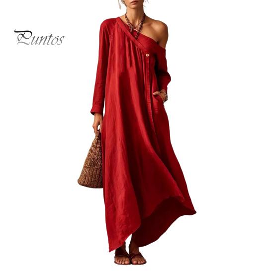 Mid-length Dress Summer Maxi for Women, Casual Loose One Shoulder Long Elegant Sleeve Dress, Flowy Beach Vacation Sundress wwith Pockets Versatile