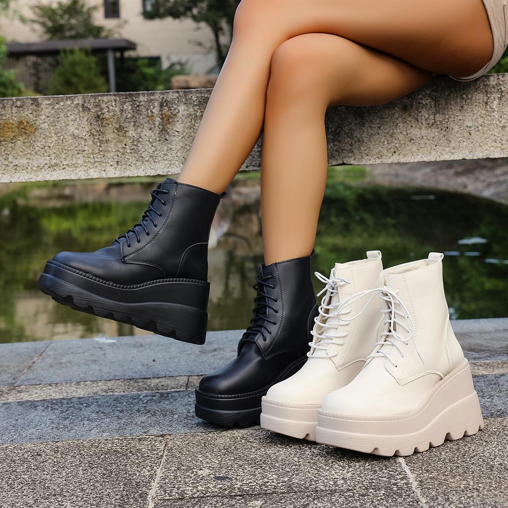 Fashion New Women Pu Leather Ankle Booties Woman Autumn Winter Round Toe Lace-up Shoes Woman Motorcycle Platform Gothic Boots Cosplay 98