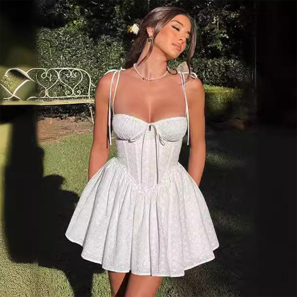 

Летнее кружевное платье без рукавов, новая мода, женское свободное сплошное платье, элегантное мини-короткое платье трапециевидного размера больших размеров, женское вечернее платье с рюшами S белый