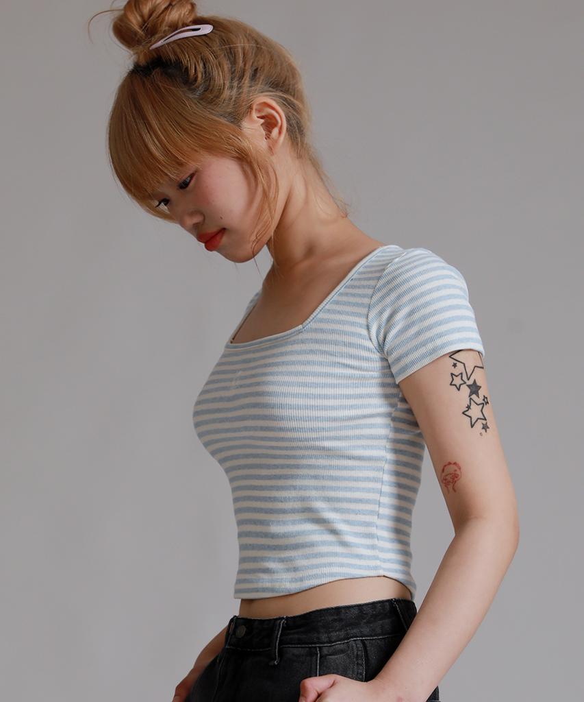 LIKE THE MOST Striped Square Neck Half T-Shirt_Sky Blue