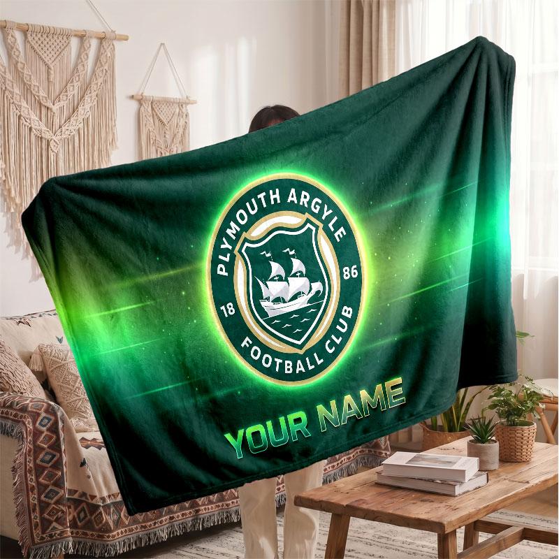 Plymouth Argyle FC Personalized Fleece Blanket With Football Logo, Custom Name Text Soft Warm Home Throw Blanket