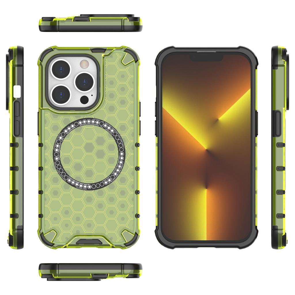 For iPhone 13 Pro Magnetic Case Honeycomb Design Thickened Corners TPU+PC Phone Cover