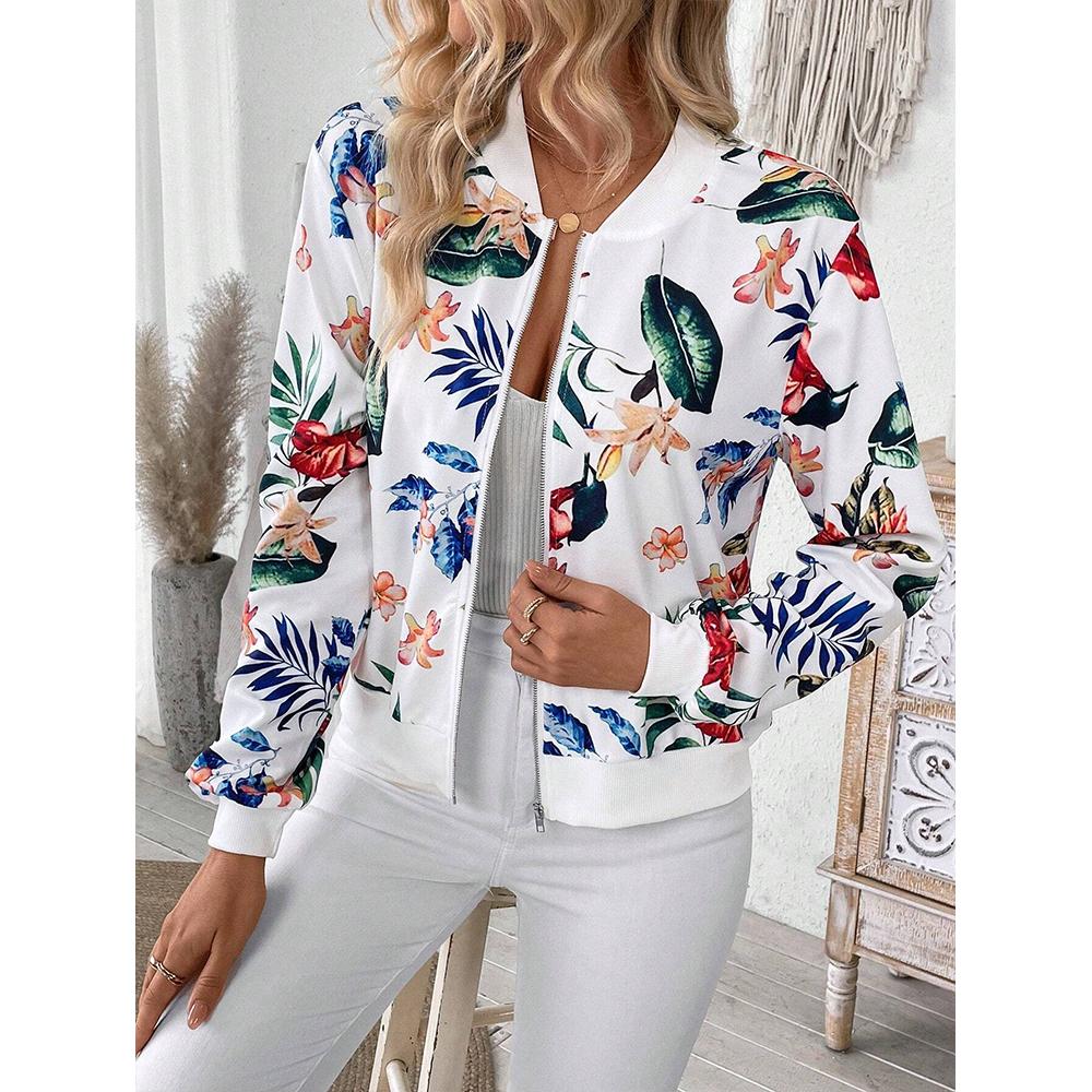Women's Baseball Jacket Floral Long Sleeve Zip Up Baseball Bomber Jacket Coat