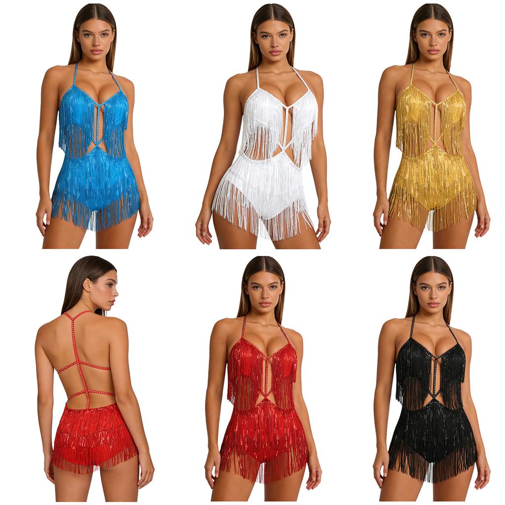 Damen Bauchtanz Bodysuit mit Fransen Pailletten Quasten Ausgeschnitten Rückenfrei Glänzend Jumpsuit