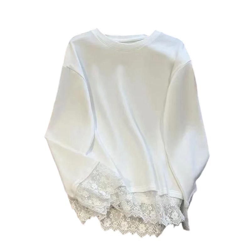 Weißes Spitzen-Patchwork-Langarm-T-Shirt für Damen, Stilvolle Plus-Size Herbst-/Winter-Unterwäsche