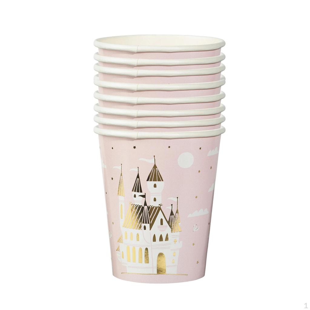 8Pcs Disposable Paper Cups Pink Castle Pattern 270ml DIY Beverage Drinking Cup Coffee for