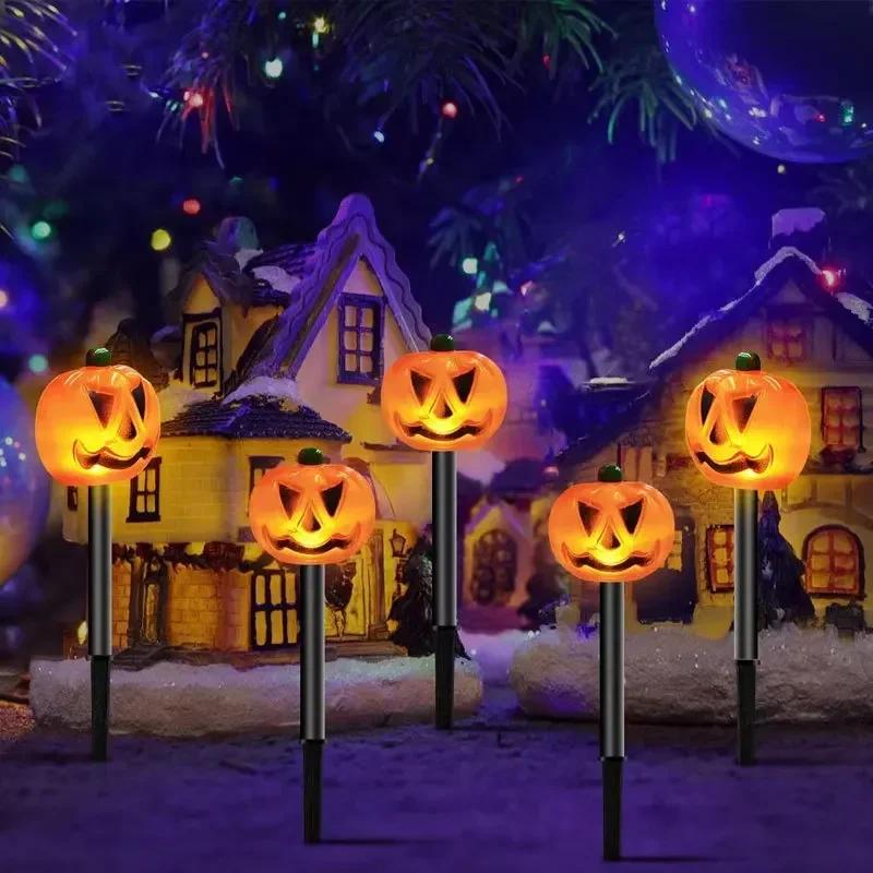 Solar Halloween Pumpkin Pathway Light Decorations LED Halloween Pumpkin Stake Lights Set of 5 Lighted Outdoor Pumpkin Lawn Lamp