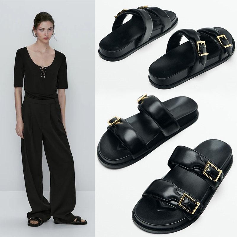 Leather version~ Slippers women's summer wear one-word platform sandals versatile casual beach soft-soled cool slippers
