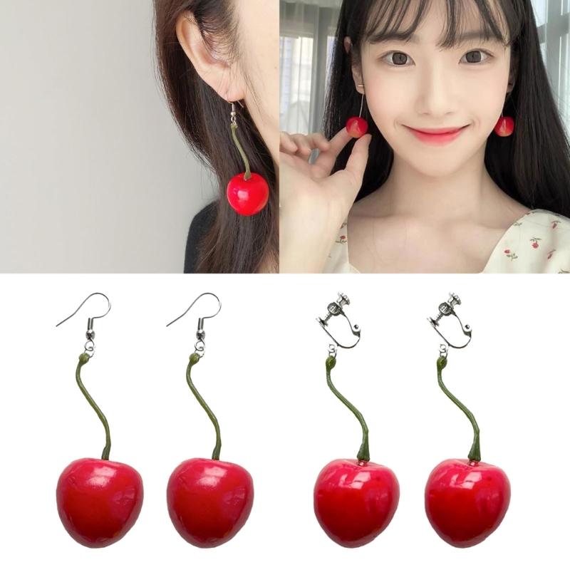 3D Red Cherry Fruit Drop Dangle Earrings Plastic Fruit Sweet Funny Ear Clips for Women Girls Tassels Aesthetic Jewelry