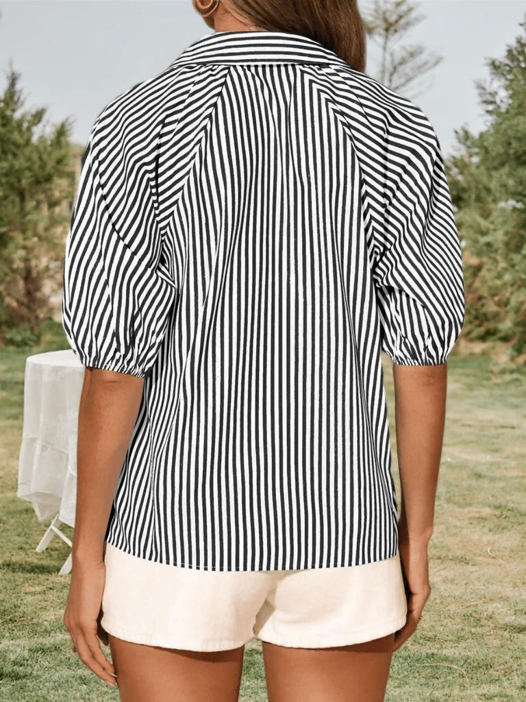 Blusa de Mujer Rayada con Mangas Abullonadas, Cuello en V, Cuello Camisero, Botones, Top Holgado
