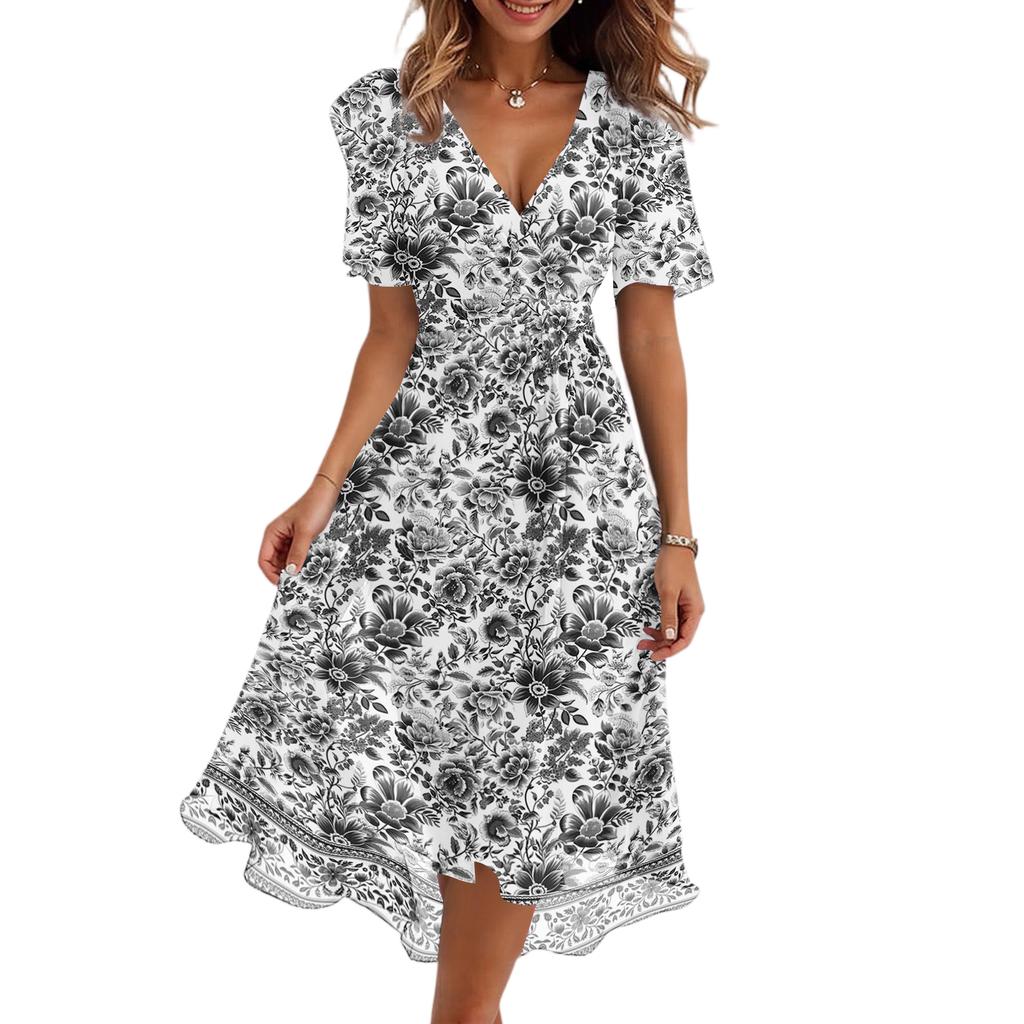 Women's Fashion Casual V Neck Short Sleeve Retro Floral Print Dress Midi Length Lightweight Summer Dress