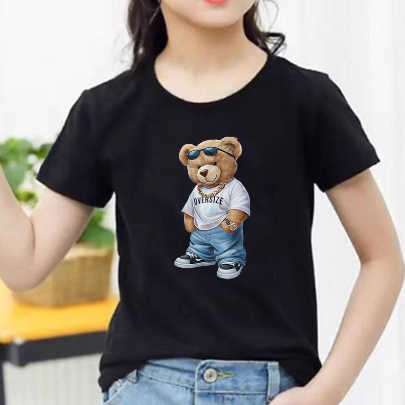 Hip Hop Style Bear With Sunglasses Graphic Tee Kids Pure Cotton Crew Neck T Shirt Short Sleeve Muticolor Tops Boys Girls Child