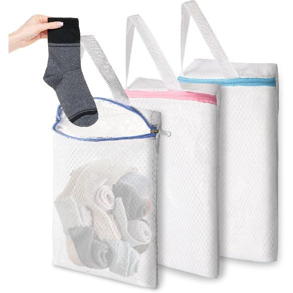 3-PACK Hanging Mesh Laundry Bags with S Metal Hooks,10x12 Inch Hanging Socks Laundry Bags for Washing Machine 3 PACK