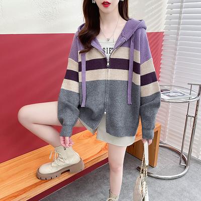 Farbig gestreifte Strickjacke mit Reißverschluss und Kapuze für Damen im Herbst 2023, High-End-Strickjacke mit loser Strickjacke für Damen