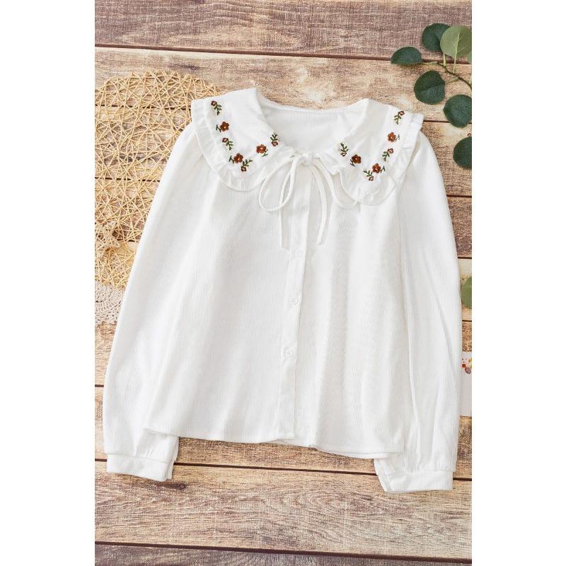 New Autumn Winter Peter Pan Collar Embroidered Shirt for Women Corduroy Ruffle Lace-up Long Sleeve Top