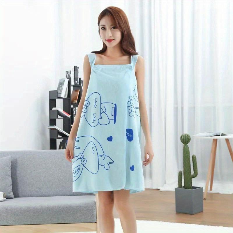 

Absorbent Microfiber Towel Robe Contemporary Style Cartoon Bunny Theme Wearable Towel Dress for Ladies синий