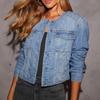 Women's Light Blue Denim Jacket with Chest Pockets, Button Front, Roll-Up Cuffs