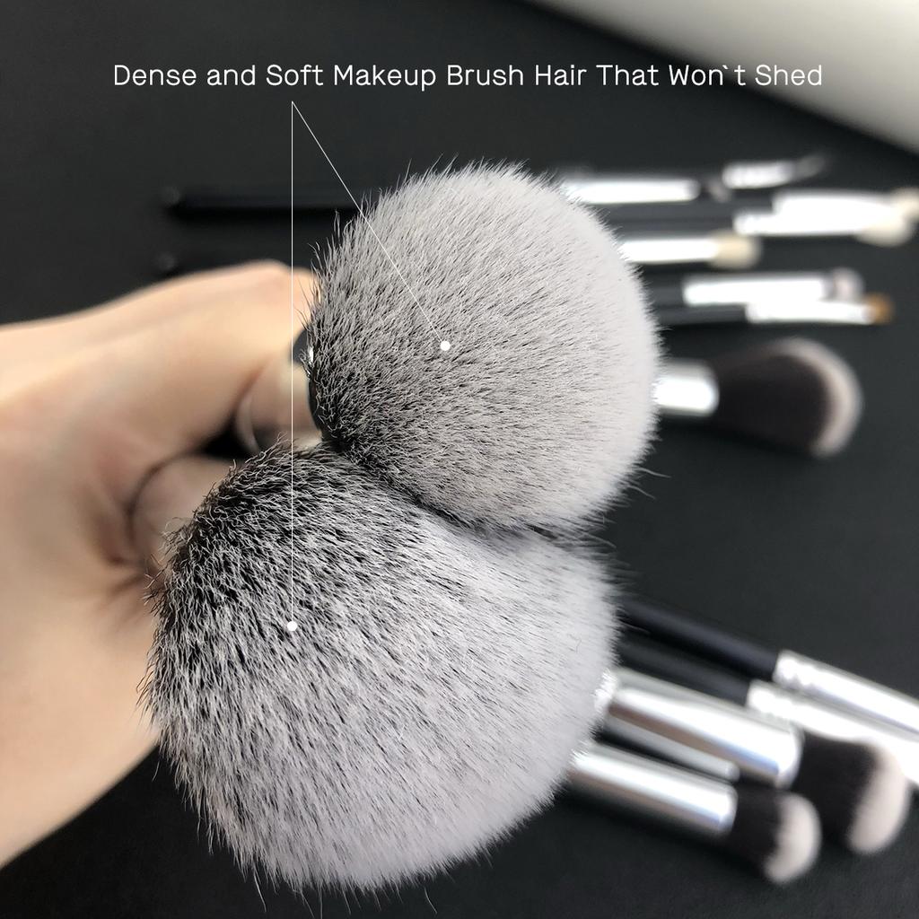 HMU Factory Professional Makeup Brushes Synthetic Hair Vegan Wood Handle Black Silver 15 Piece Makeup Brush Set With Pouch