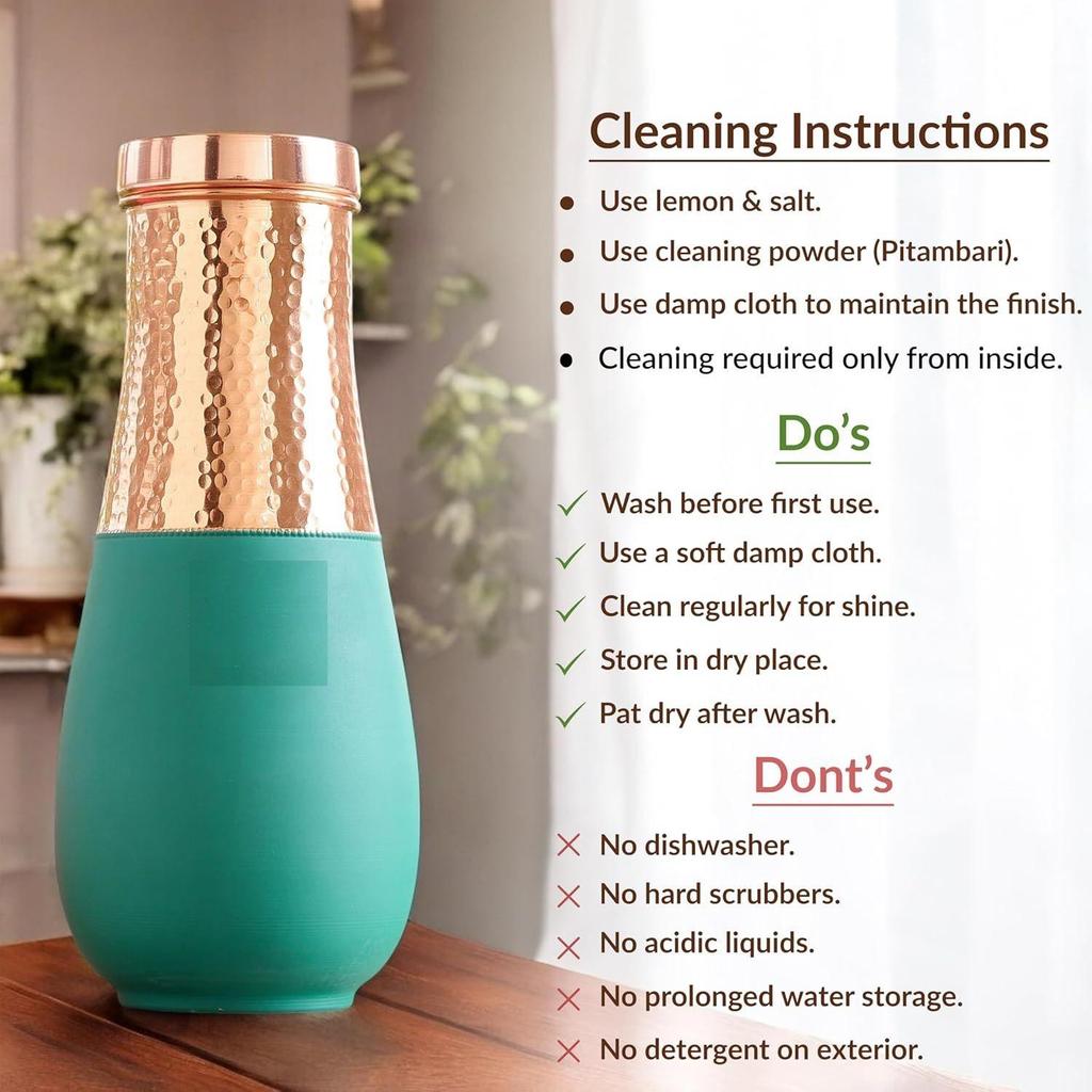 Pure Copper Bedroom Bottle, Vase Design Half Green Silk Half Hammered Finish, Drinkware & Storage Purpose - Volume 1425 Ml