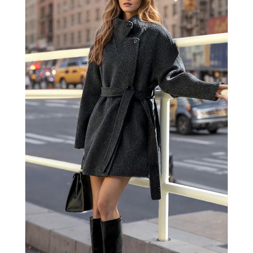 2024 Autumn/Winter Women's Stand Collar Tie Waist Wool Coat