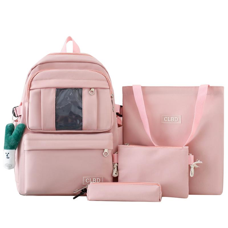 Four-Piece Backpack Set Girls Large Capacity Backpack Solid Color Junior High School Student School Bag