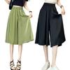Women Skirt Pants Elastic Waist Adjustable Drawstring Ice Silk Cropped Pants Solid Color Casual Loose Fit Culottes
