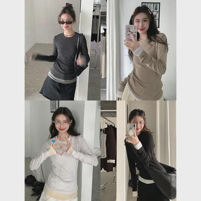 Nan Tao Women's Fake Two-Piece Slim Fit Long-Sleeve Top - Spring 2025 Korean Style Round Neck Shirt