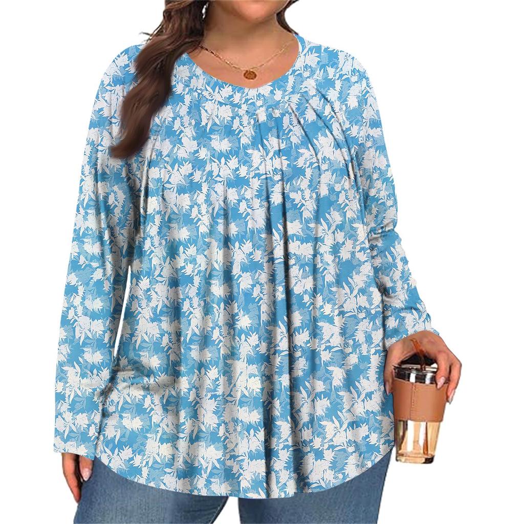 Dámská móda plus size Tištěný ležérní plisovaný top s kulatým výstřihem a dlouhým rukávem