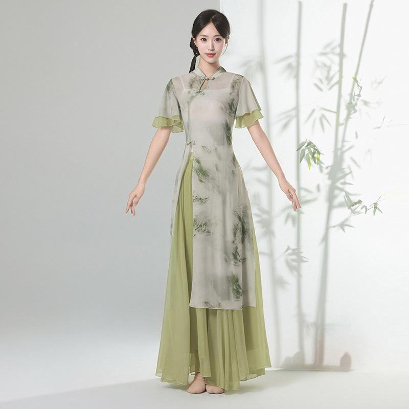 Women's Chinese Traditional Dance Dress, Bamboo Print Cheongsam Style Flowy Practice Costume For Tea Art & Folk Dance