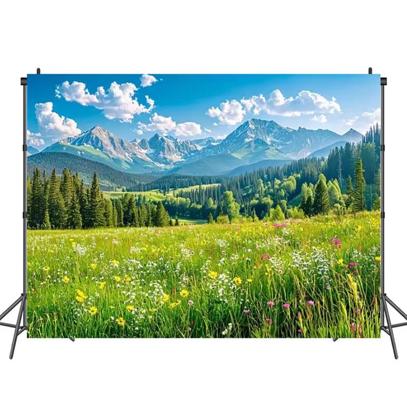 2D Mountain Forest Meadow Backdrop Spring Nature Party Photo Booth Background