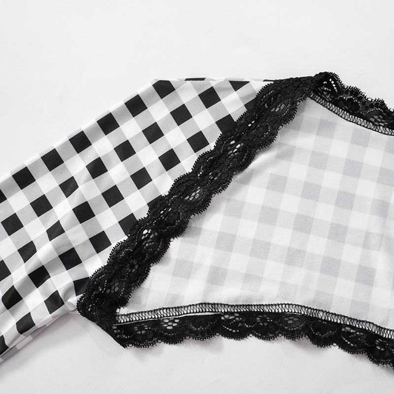 Women's  Lace Plaid Printed Sheath Dress Patchwork Shawl Two Piece Set