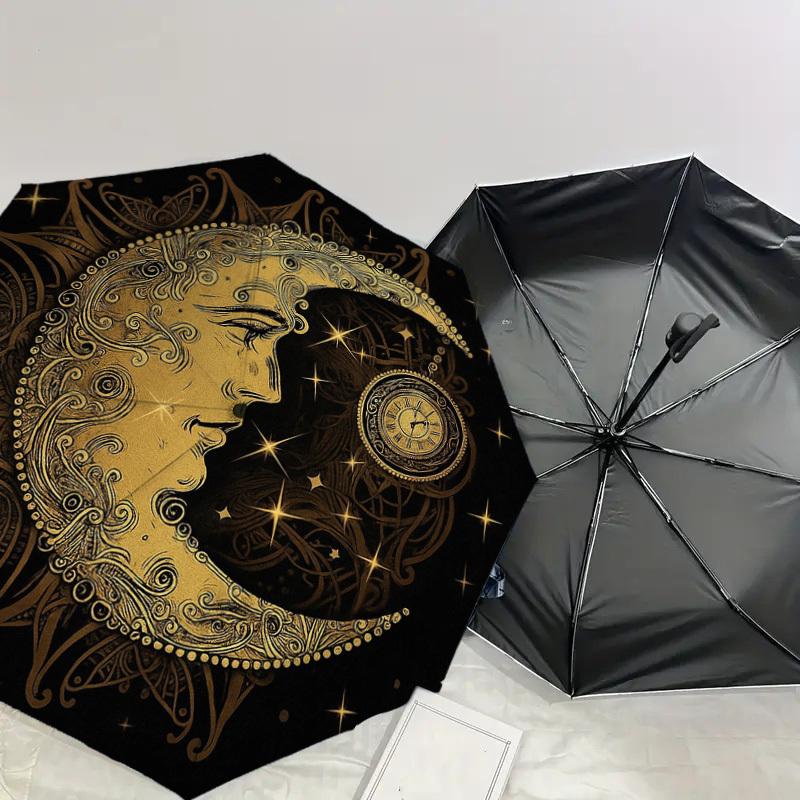 1PC Moon, Clock Pattern Small Travel Compact Windproof Umbrella, Automatic Folding Umbrella, Automatic Open/Close ,Gift-173
